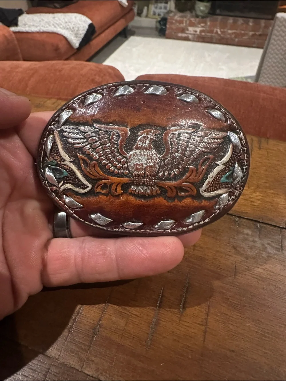 Vintage Joe Brazos Hand-Tooled Brown Leather Belt Buckle with Eagle Motif